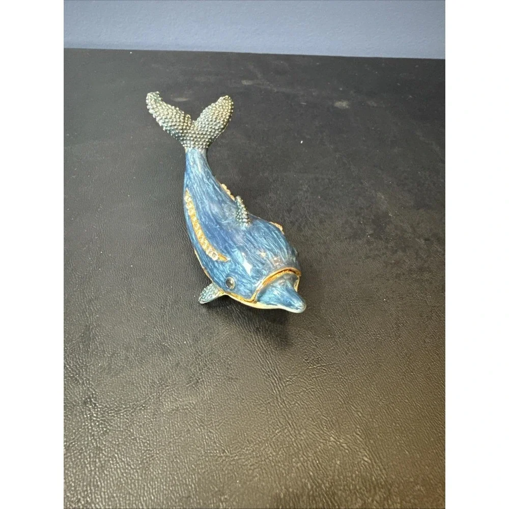 Enamel Trinket Box‎ Blue Dolphin Porpoise Fish Rhinestones Ocean Beach 3 1/2